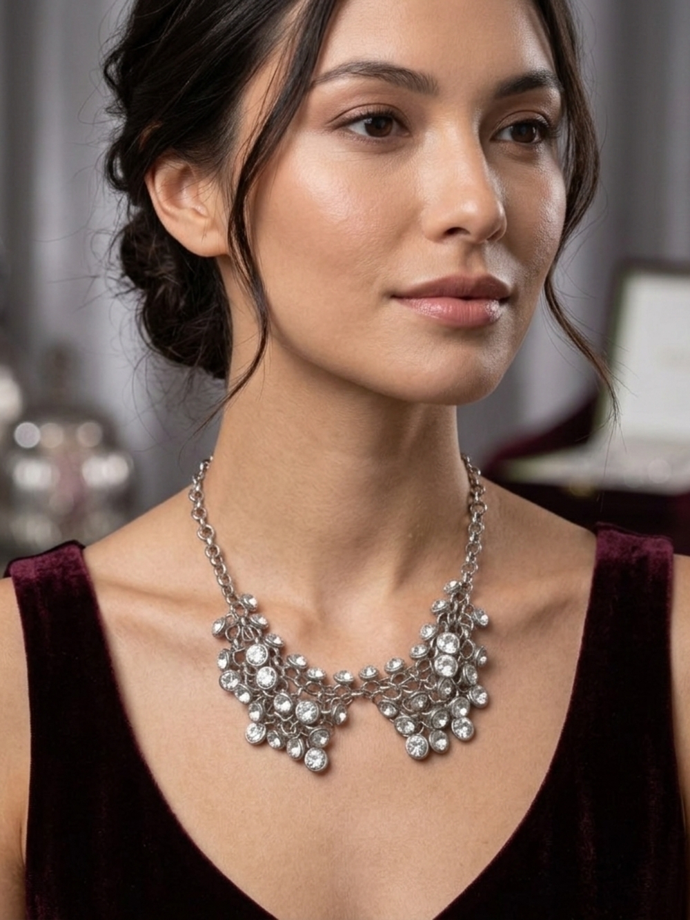 EXPRESS Silver Tone Crystal Statement Bib Necklace